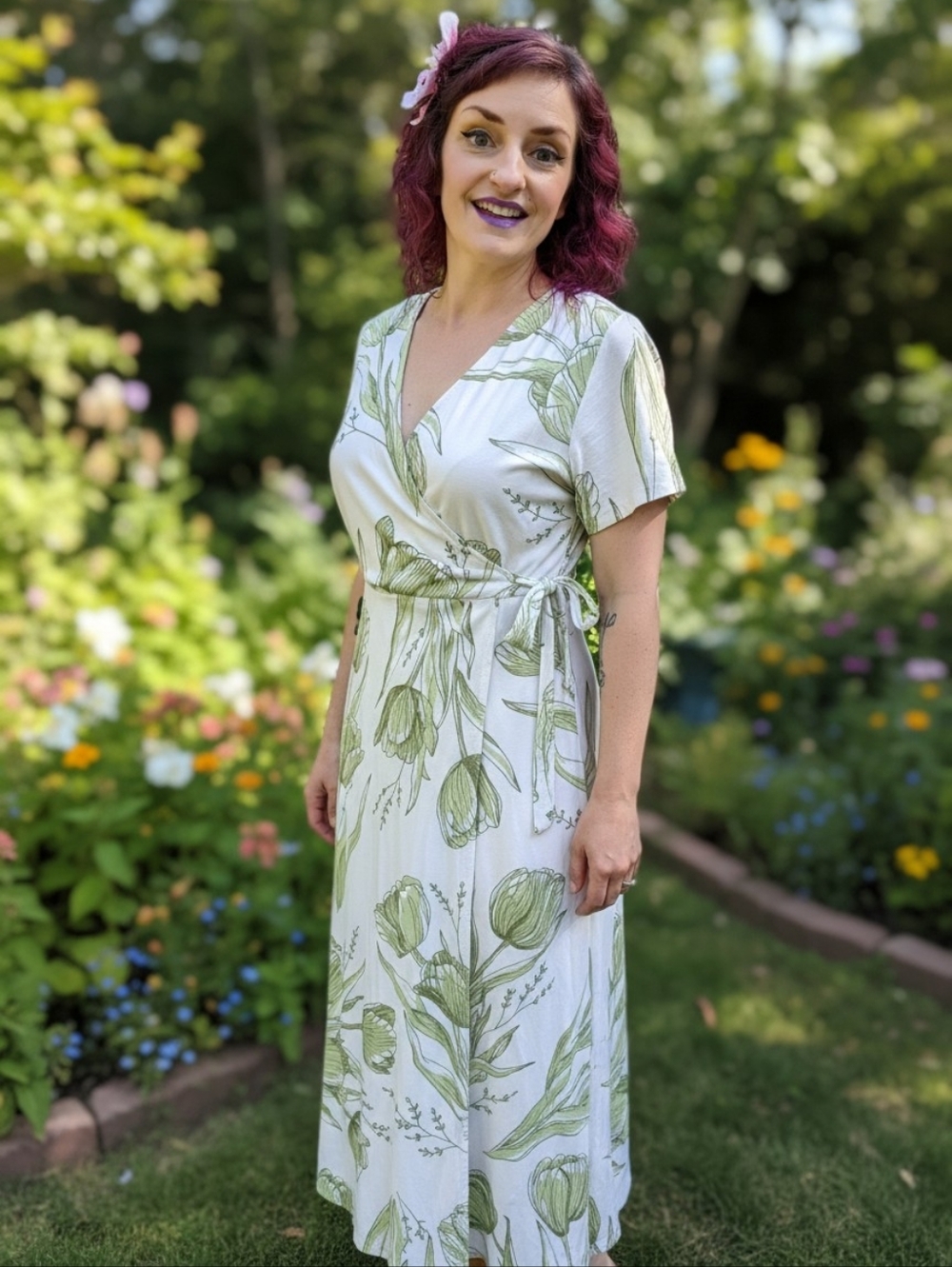 Organic Cotton Faux Wrap Dress Womens Size L Green Floral Midi Short Sleeve